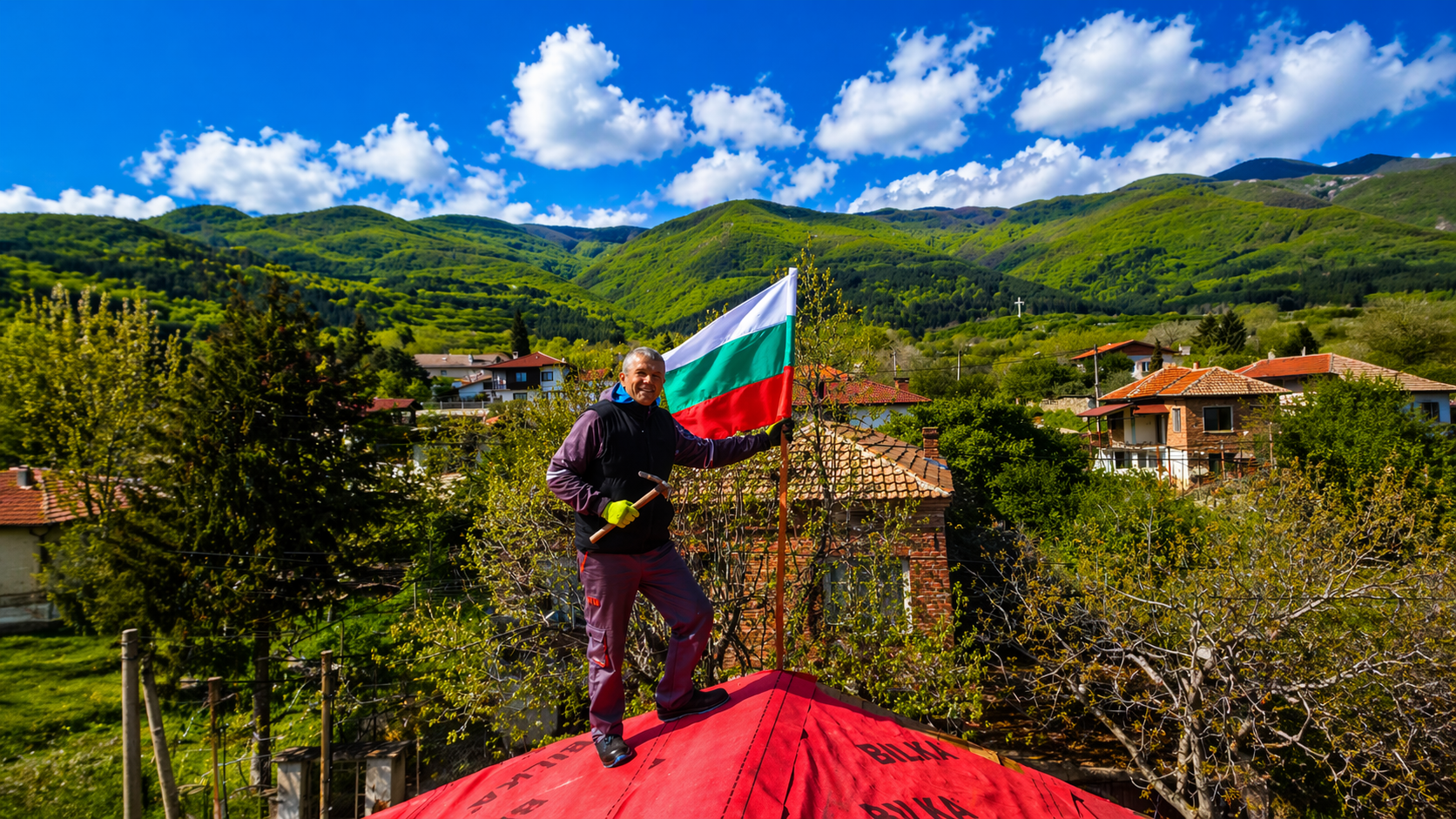 Roof worker with Bulgarian flag